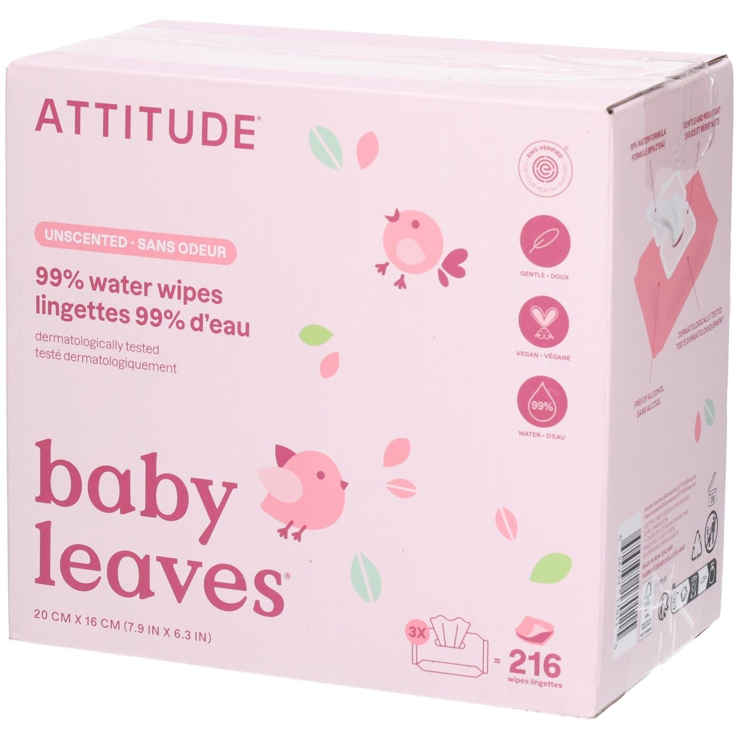 ATTITUDE Baby Leaves lingettes 99% eau, 216 unités.