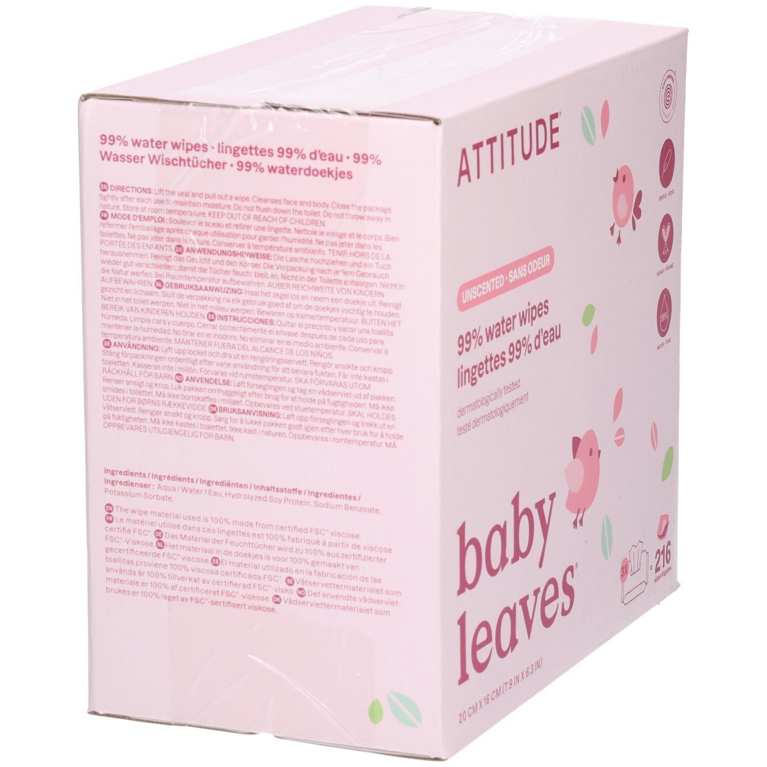 ATTITUDE Baby Leaves lingettes 99% eau, dos avec informations produit.