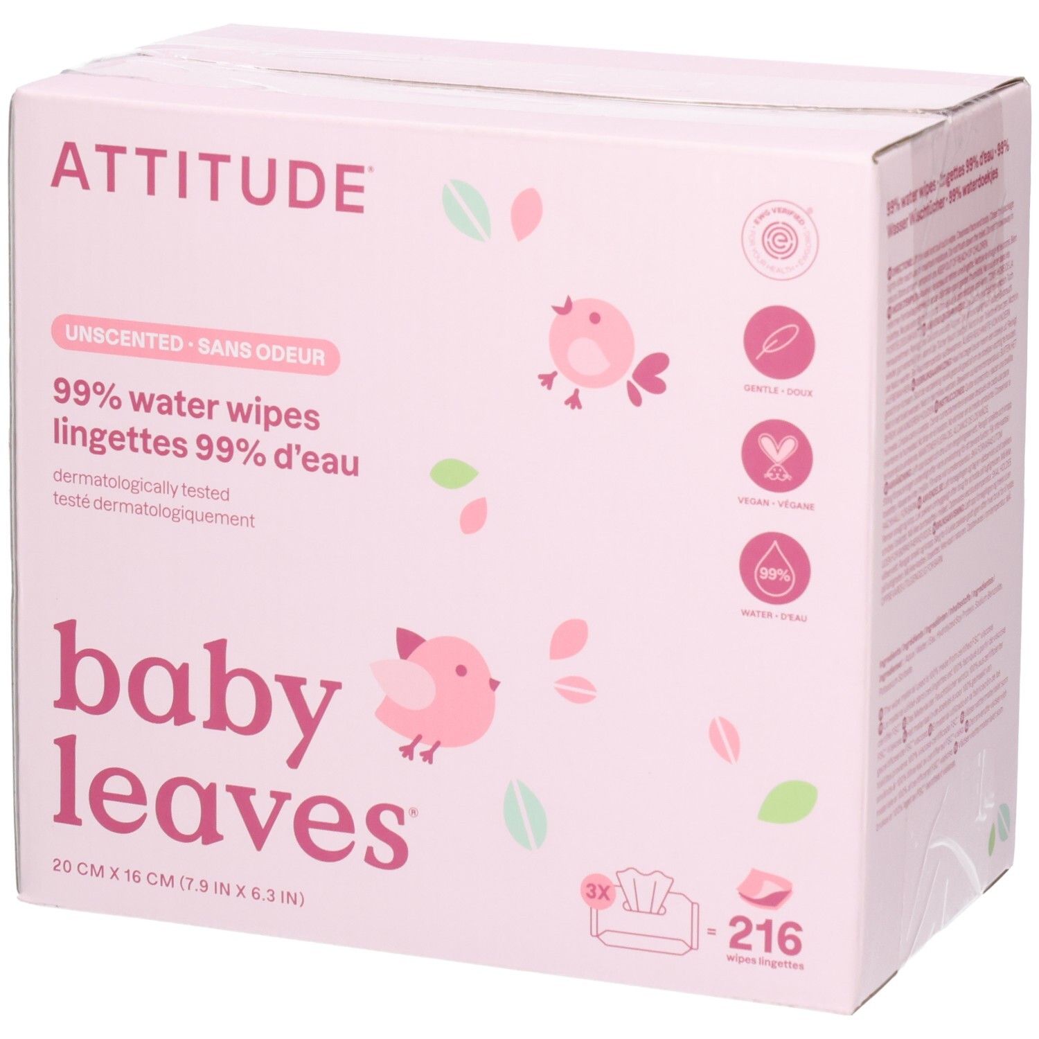 ATTITUDE Baby Leaves lingettes 99% eau, 216 unités, emballage rose avec oiseaux.