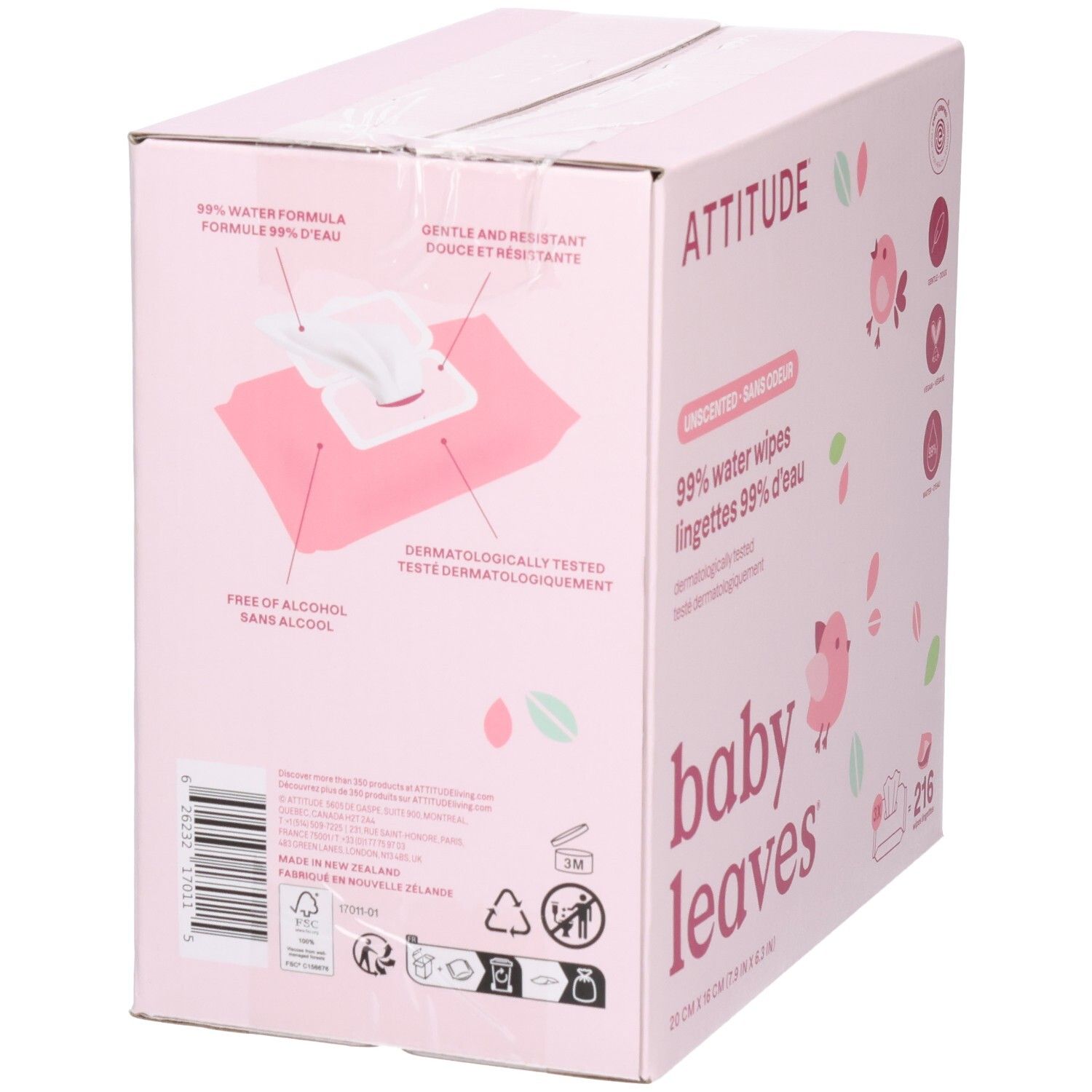 ATTITUDE Baby Leaves lingettes 99% eau, côté avec instructions d'utilisation.