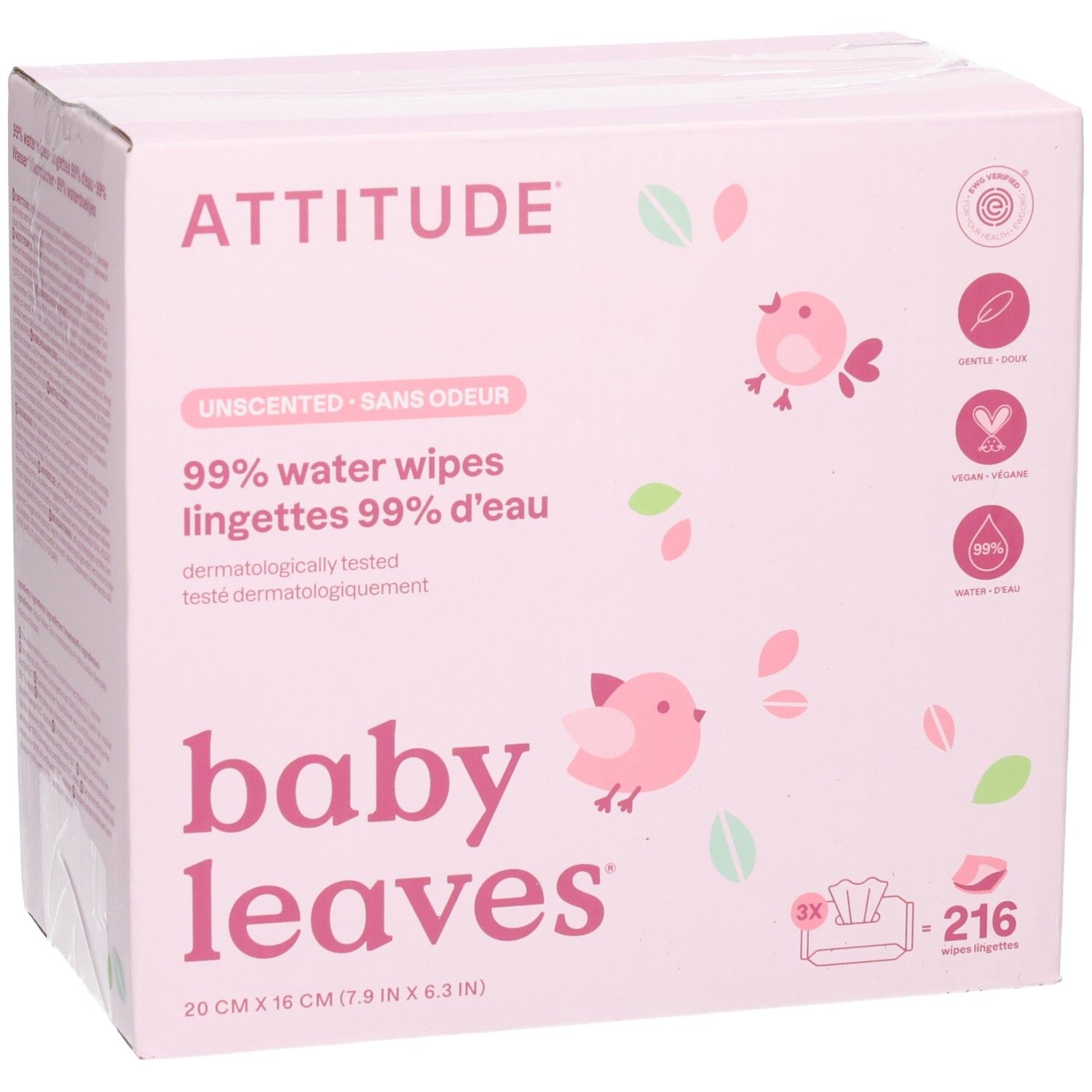 ATTITUDE Baby Leaves lingettes 99% eau, 216 unités, emballage rose avec oiseaux.