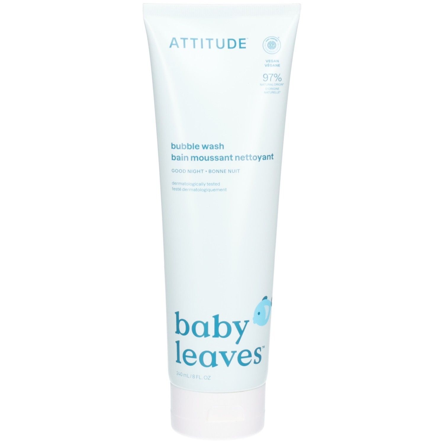 ATTITUDE Baby Leaves Bubble Wash Good Night, tube blanc avec inscription bleue.
