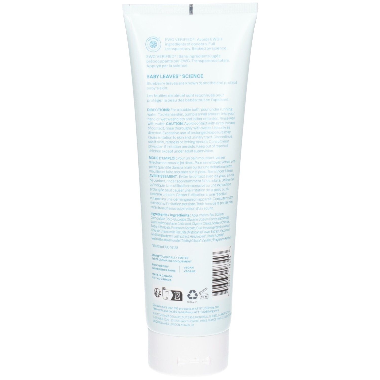 Arrière du tube ATTITUDE Baby Leaves Bubble Wash Good Night avec informations produit et code-barres.