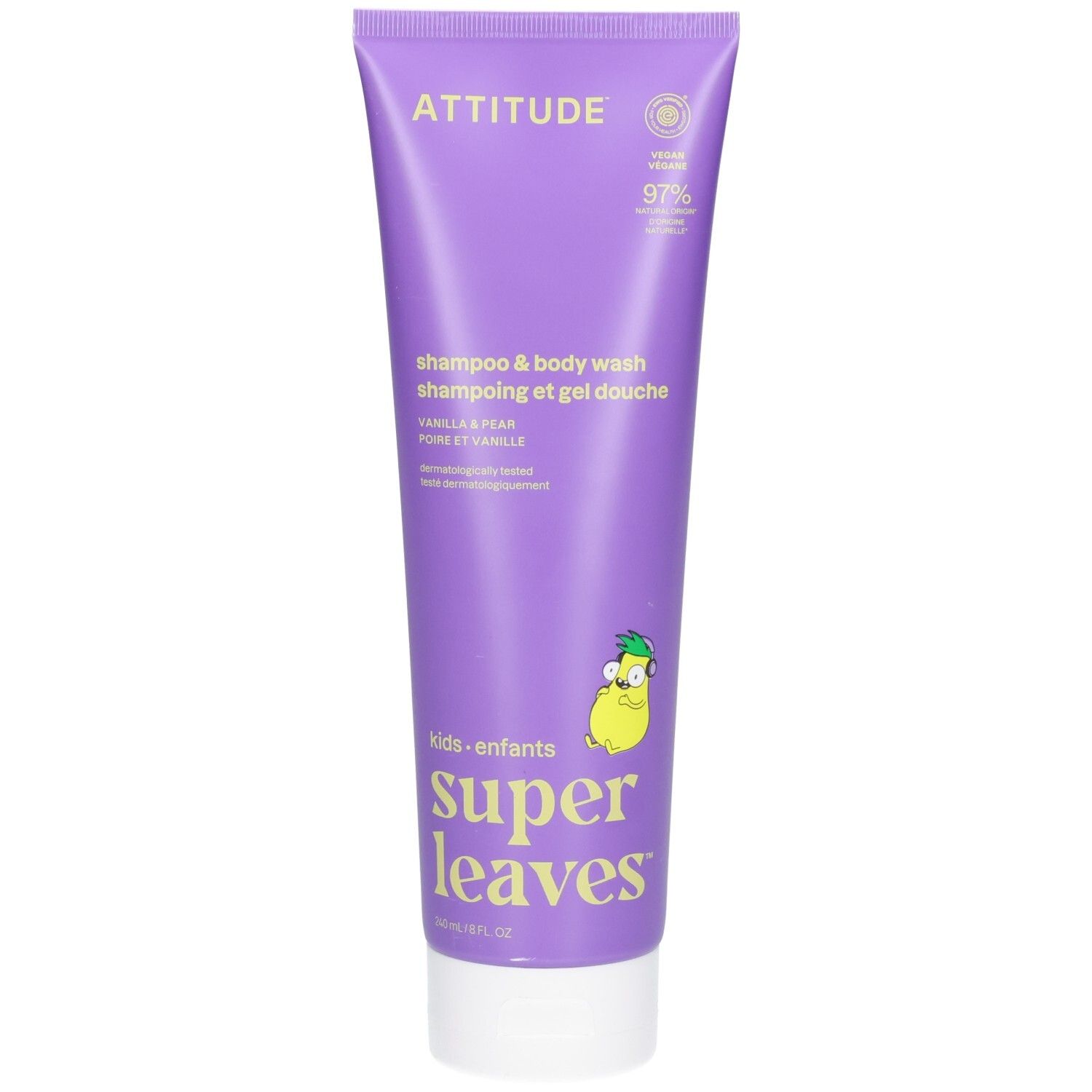 Tube violet ATTITUDE Super Leaves Shampooing et Gel Douche Vanille et Poire. Vue de face avec logo et informations produit.