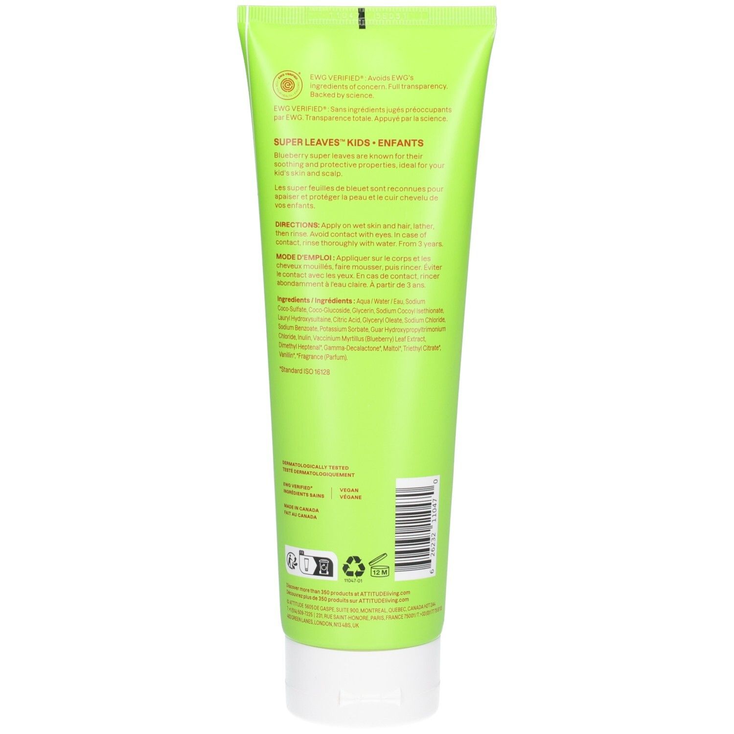 Arrière du tube ATTITUDE Super Leaves Shampoo et gel douche 2-en-1 pour enfants. Avec liste des ingrédients et instructions.