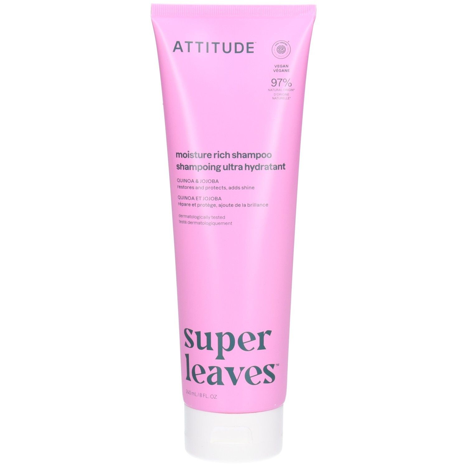 Shampoing hydratant ATTITUDE Super Leaves Quinoa et Jojoba. Tube rose avec bouchon blanc.