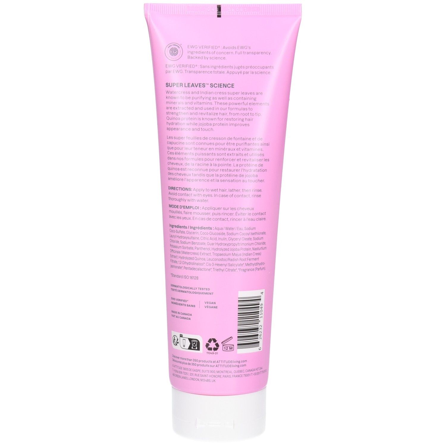 Arrière du tube de shampoing hydratant ATTITUDE Super Leaves avec ingrédients et instructions.