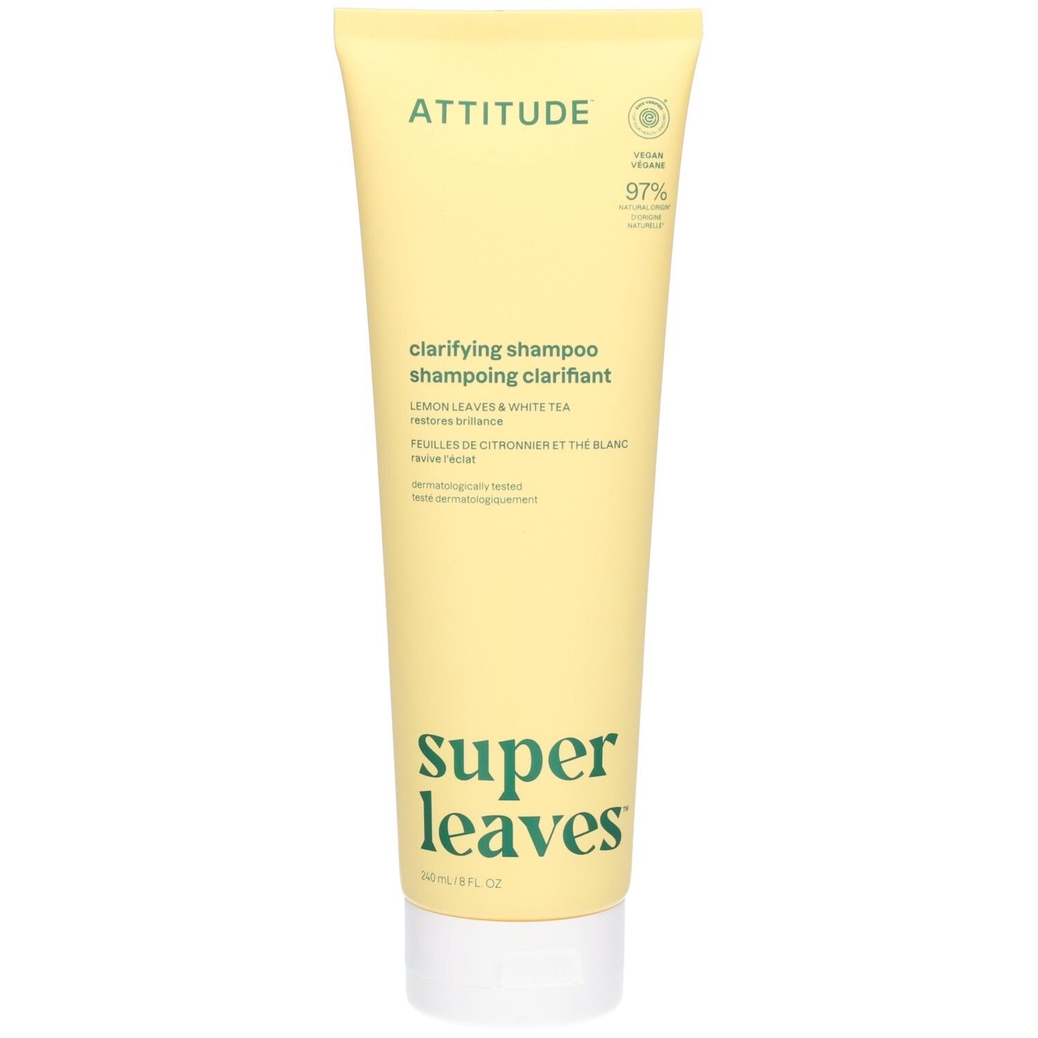 Shampooing Clarifiant ATTITUDE Super Leaves aux feuilles de citron et thé blanc. 97% d'ingrédients d'origine naturelle.