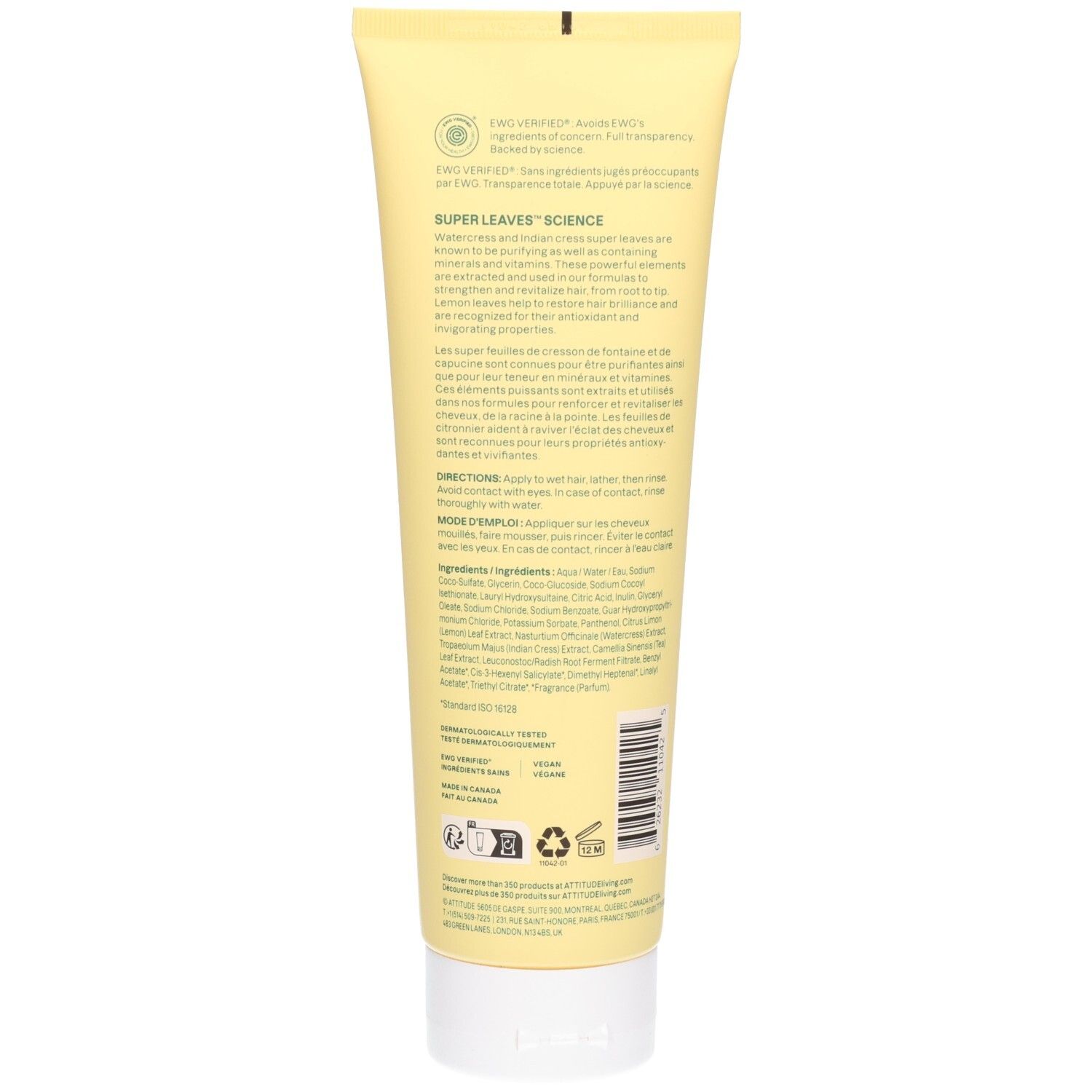 Arrière du flacon de Shampooing Clarifiant ATTITUDE Super Leaves avec ingrédients et instructions.
