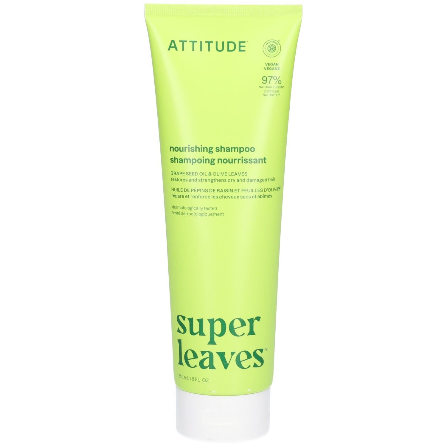 Tube vert clair ATTITUDE Nourishing Shampoo, 97% d'ingrédients naturels, vegan.