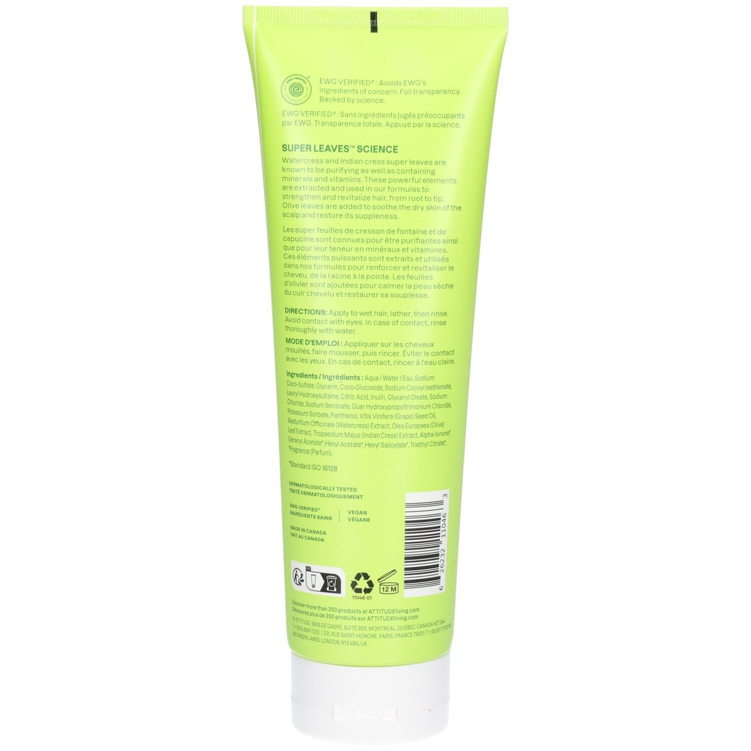 Tube vert clair avec bouchon blanc. Dos avec informations produit et code-barres.