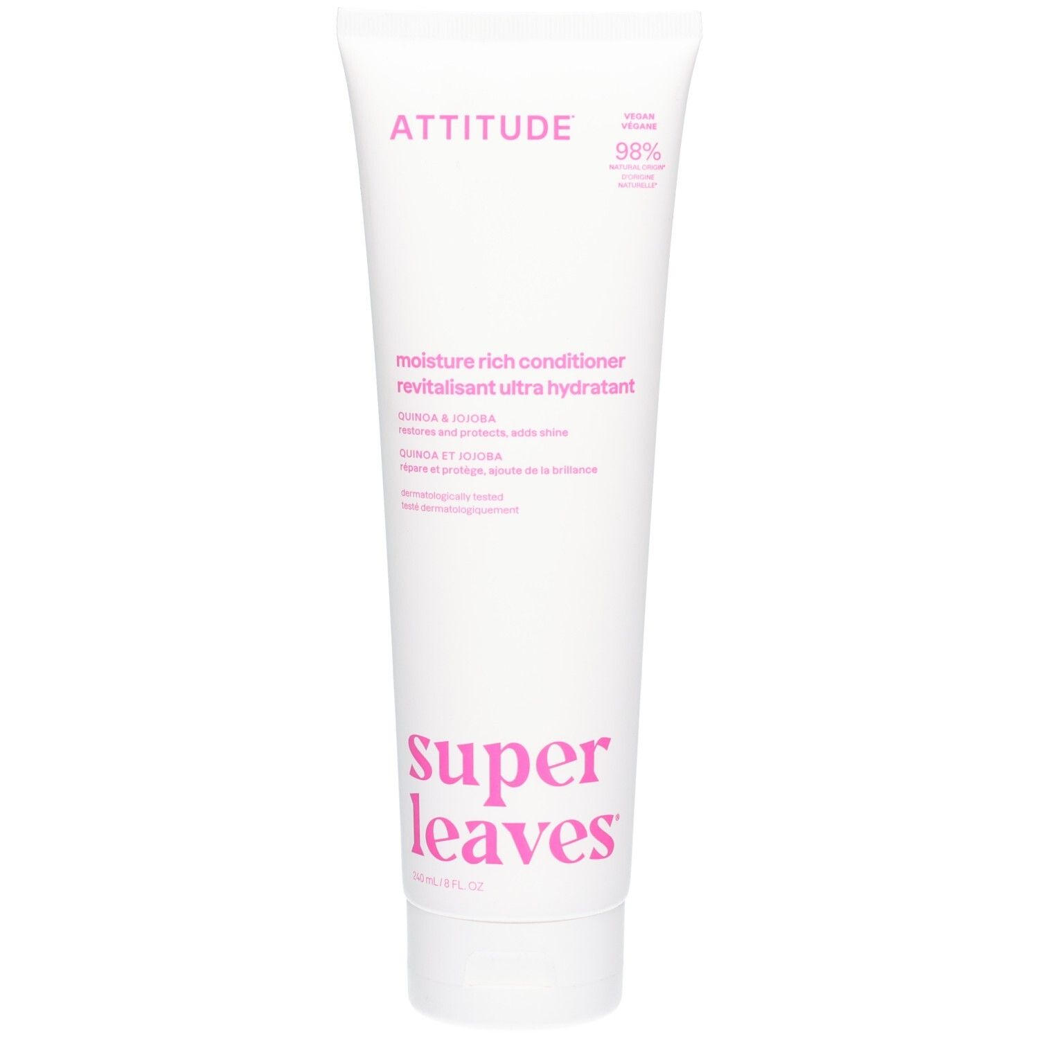 ATTITUDE Super Leaves Revitalisant hydratant riche Quinoa et Jojoba. Tube blanc avec texte rose.