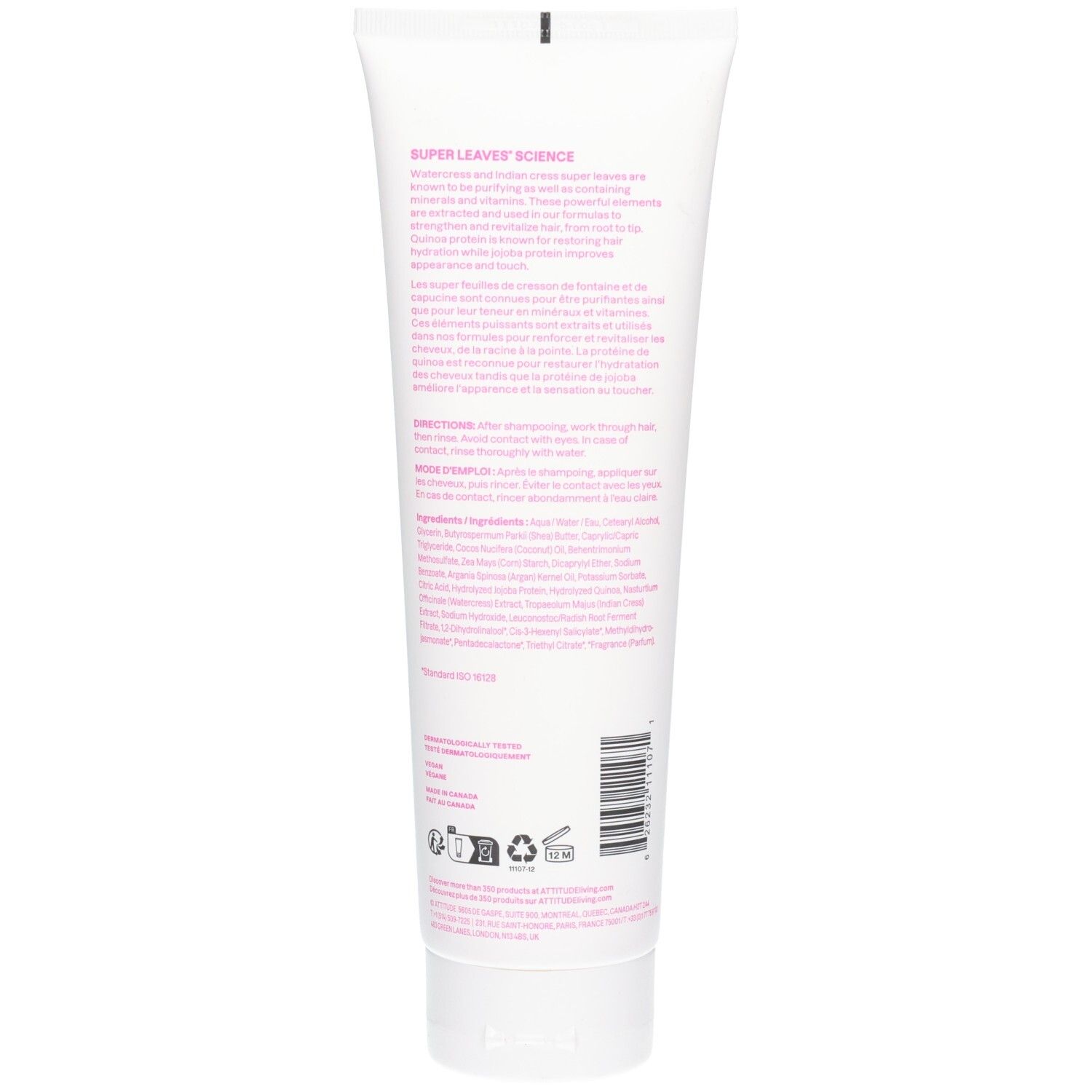 Arrière du tube ATTITUDE Super Leaves Revitalisant hydratant riche avec instructions et ingrédients.