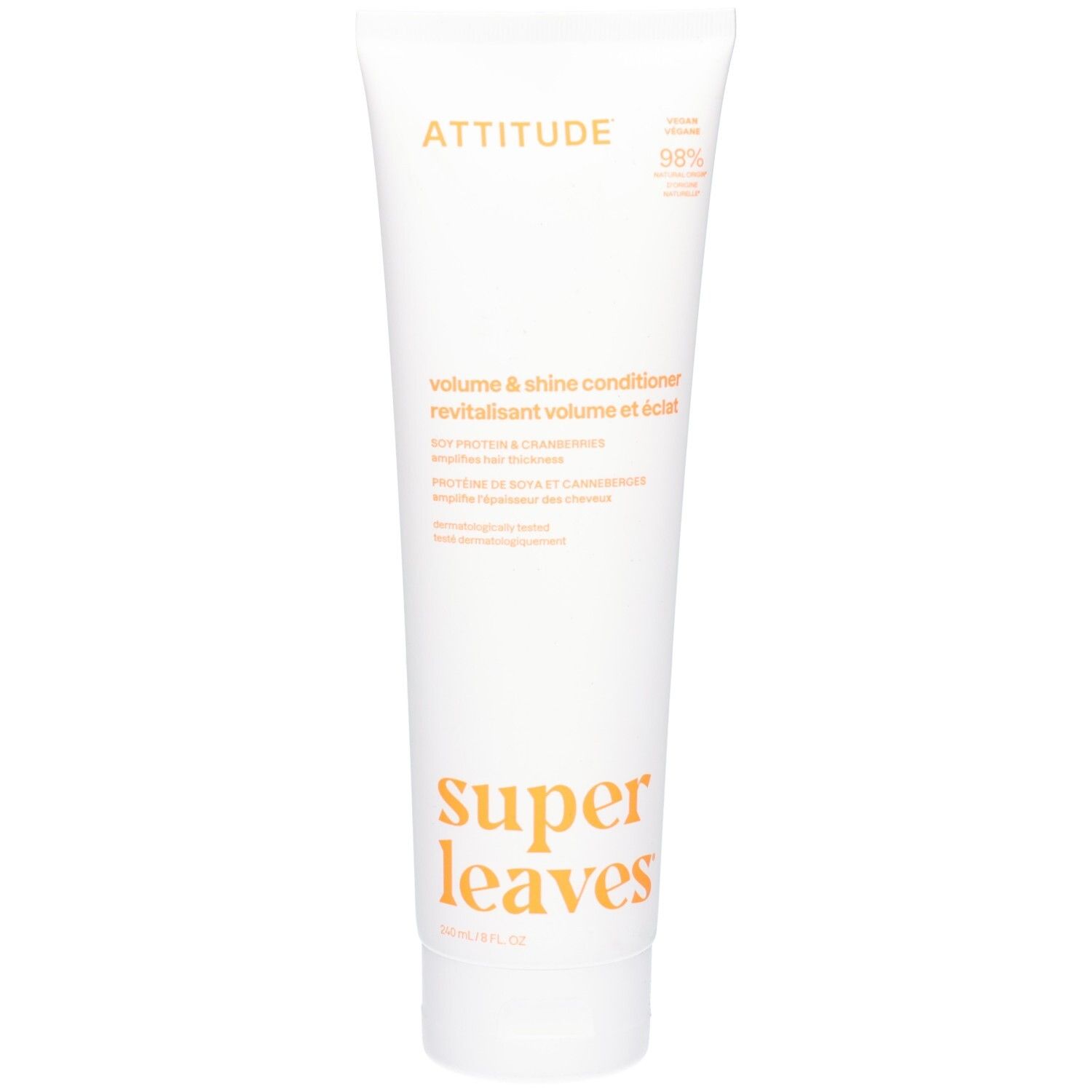 ATTITUDE Super Leaves Volume & Shine Conditioner, tube blanc avec texte orange.