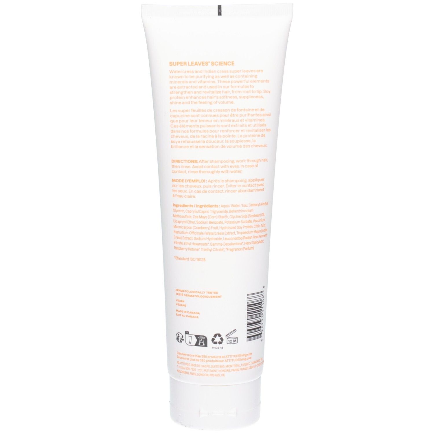 Arrière du tube ATTITUDE Super Leaves Volume & Shine Conditioner avec ingrédients et instructions.