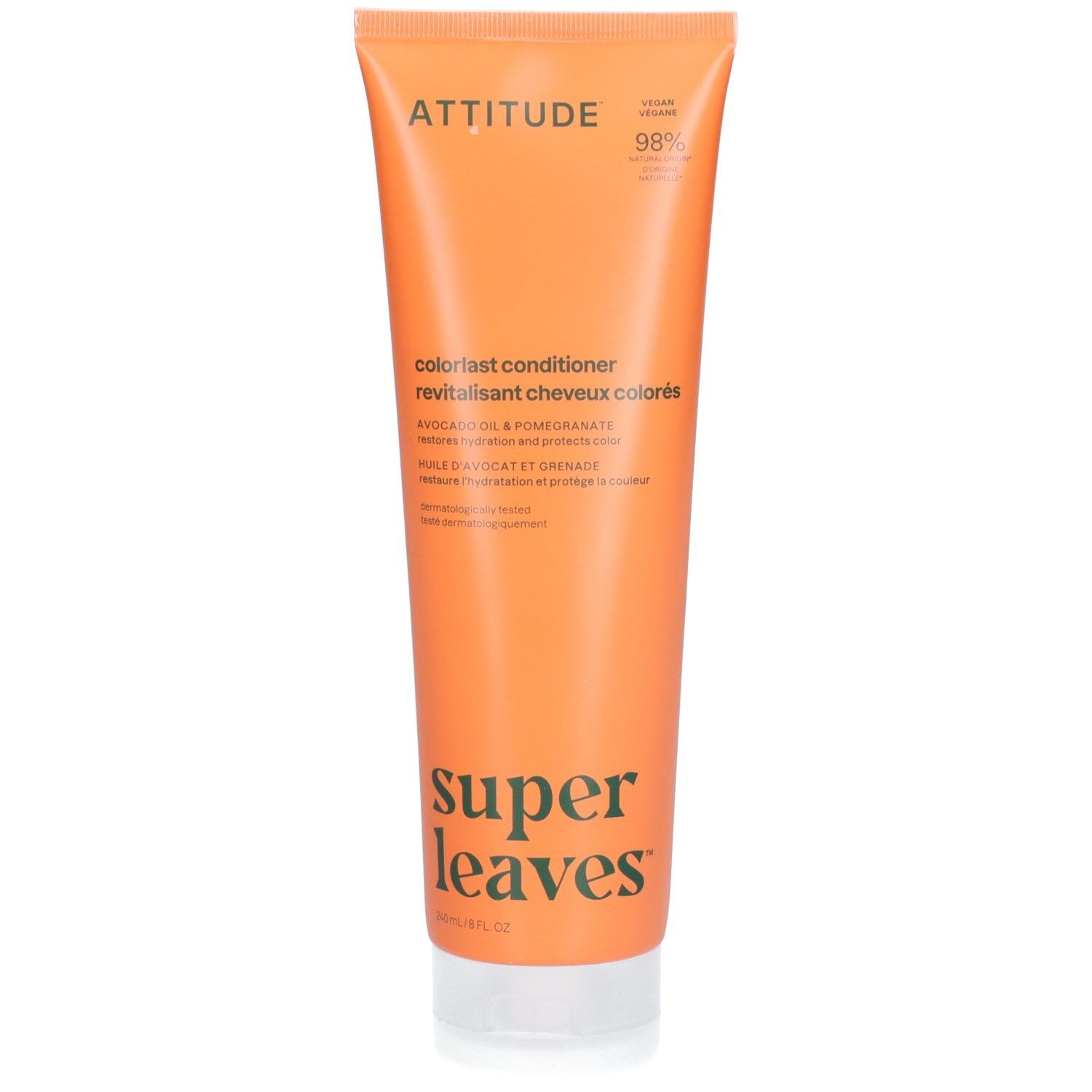 Tube ATTITUDE Super Leaves Revitalisant Couleur, orange, à l'huile d'avocat et à la grenade.
