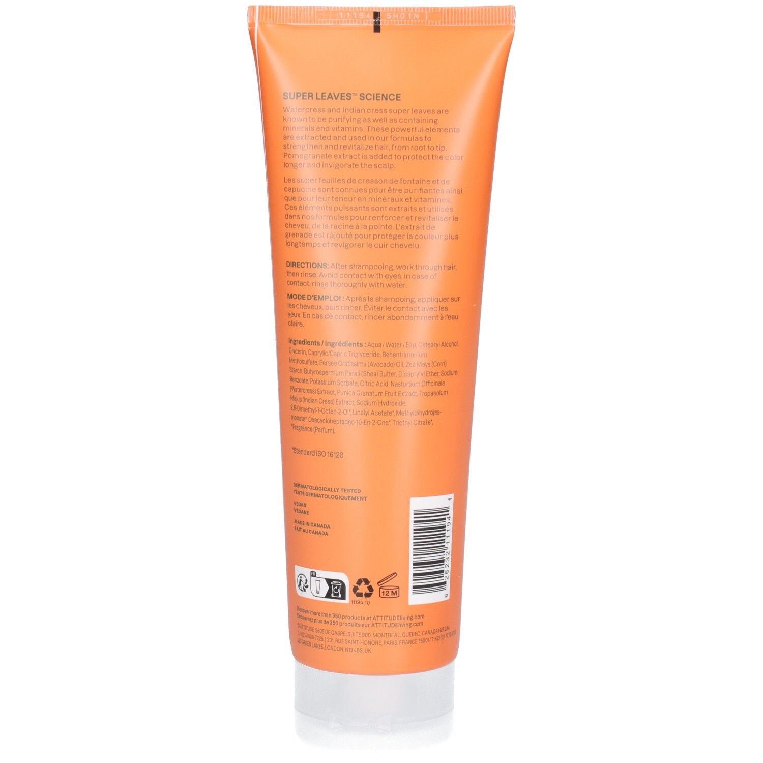 Arrière du tube ATTITUDE Super Leaves Revitalisant Couleur avec informations produit et ingrédients.