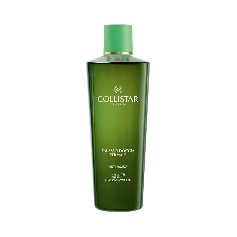 Huile de douche talasso Collistar dans un flacon vert avec bouchon vert. Vue de face.