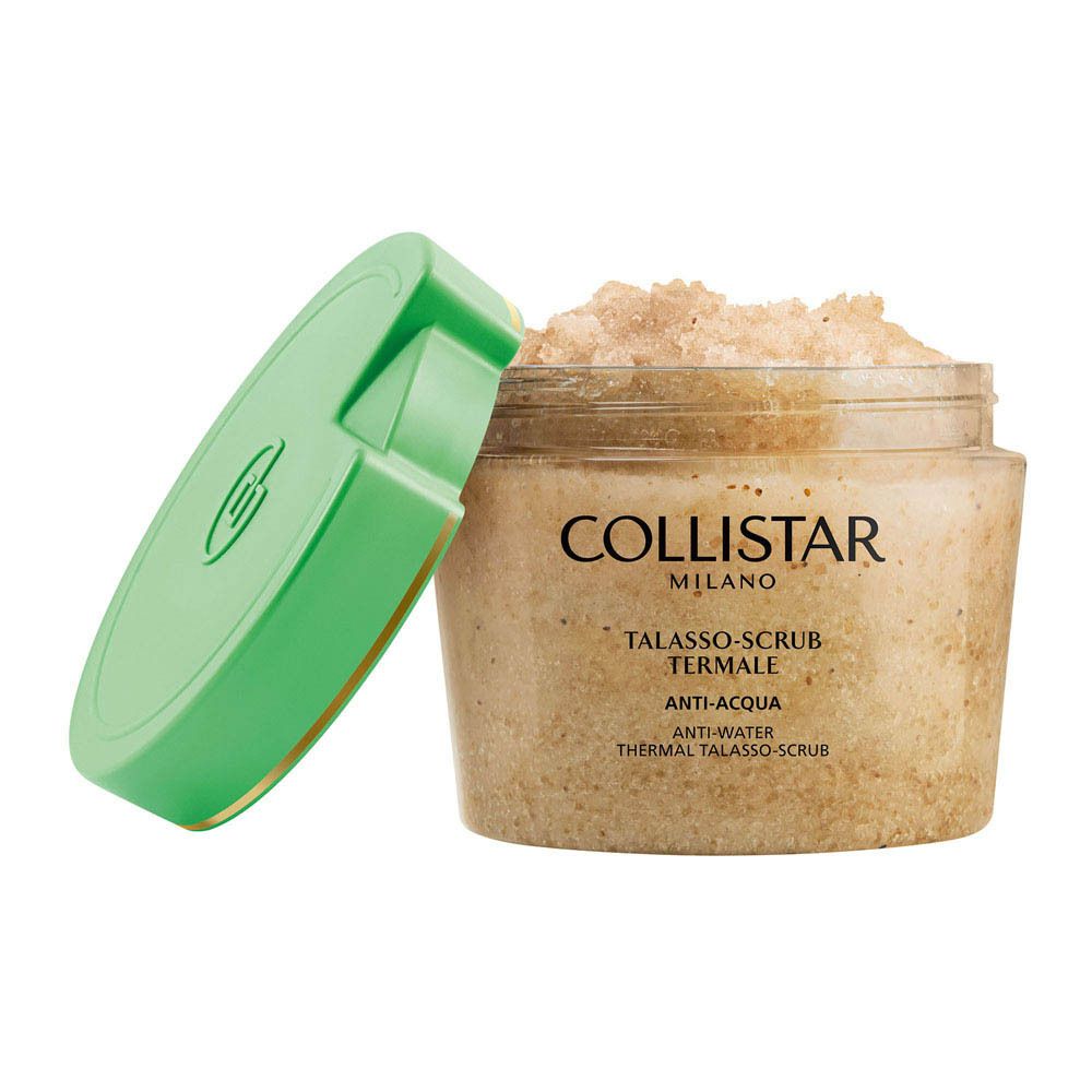 Pot avec couvercle. Inscription Collistar. Texte: Talasso-Scrub Termale Anti-Acqua. Couvercle ouvert.