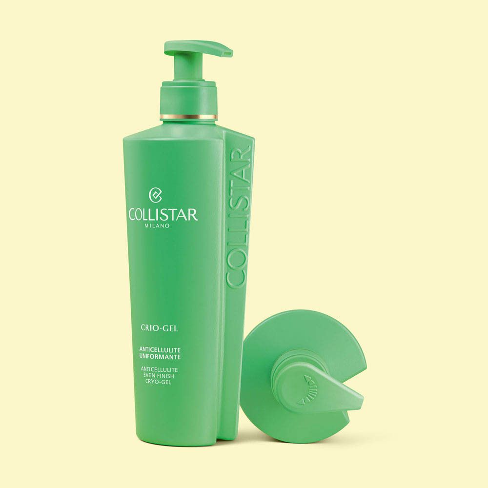 Arrière d'un flacon pompe vert avec Collistar Anticellulite Even Finish Cryo-Gel et informations produit.