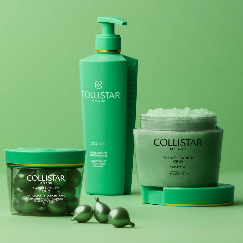 Récipient avec des capsules vertes et le nom de la marque Collistar Milano.