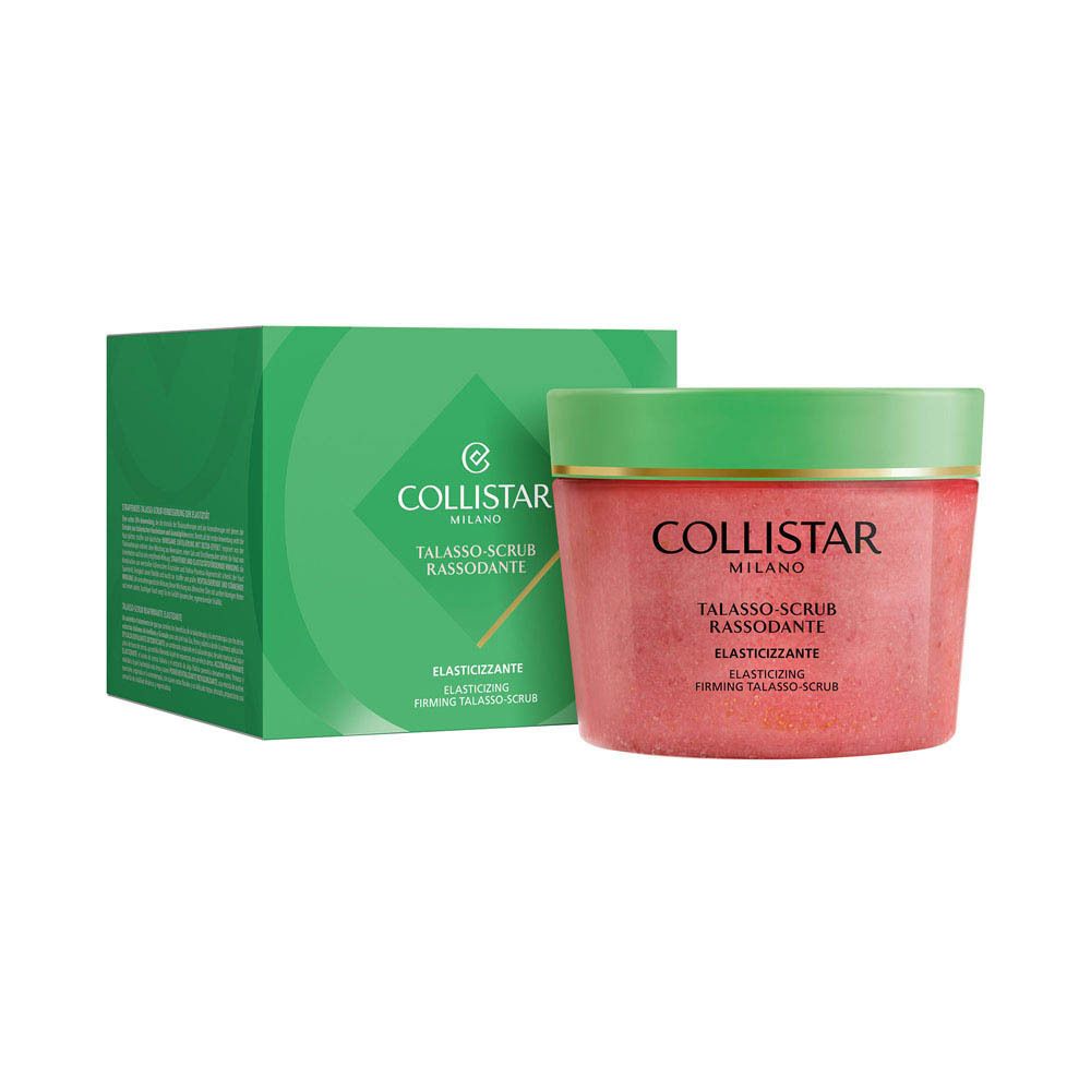 Récipient avec couvercle vert, étiqueté Collistar Talasso-Scrub.