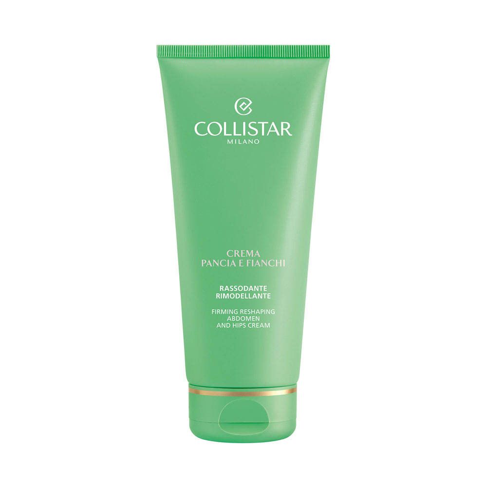 Tube vert. Inscription: Collistar Milano, Crema Pancia e Fianchi, Rimodellante, Firming Reshaping Abdomen and Hips Cream.