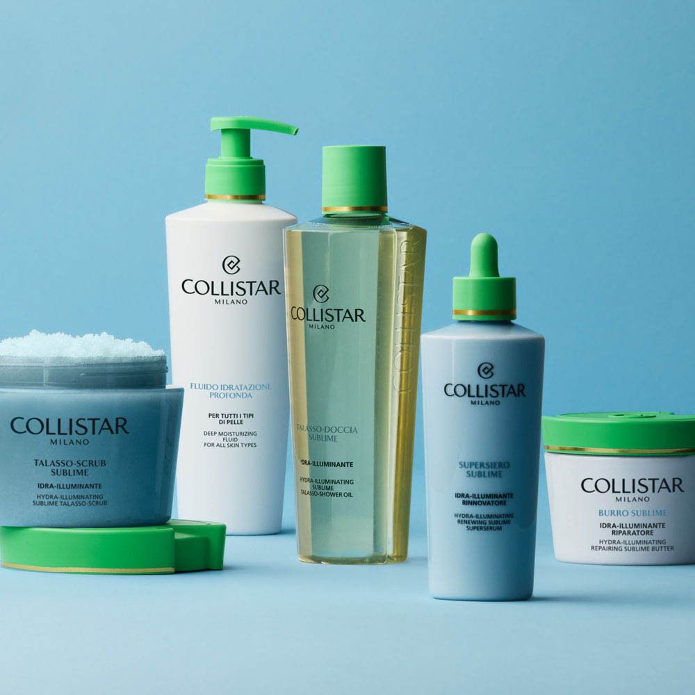 Côté de la boîte d'emballage verte pour Collistar Hydra-Illuminating Renewing Sublime Superserum avec informations produit.