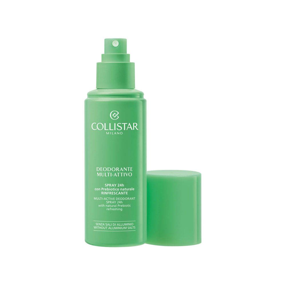Spray Déodorant Multi-Actif Collistar 24H, flacon vert menthe, logo blanc, texte, tête de pulvérisation visible.