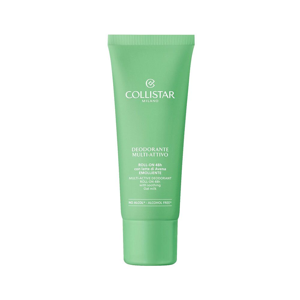 Tube vert avec texte. En haut, "COLLISTAR MILANO". En dessous, "DEODORANTE MULTI-ATTIVO". Texte en dessous : "ROLL-ON 48H". "NO ALCOOL - ALCOHOL FREE".