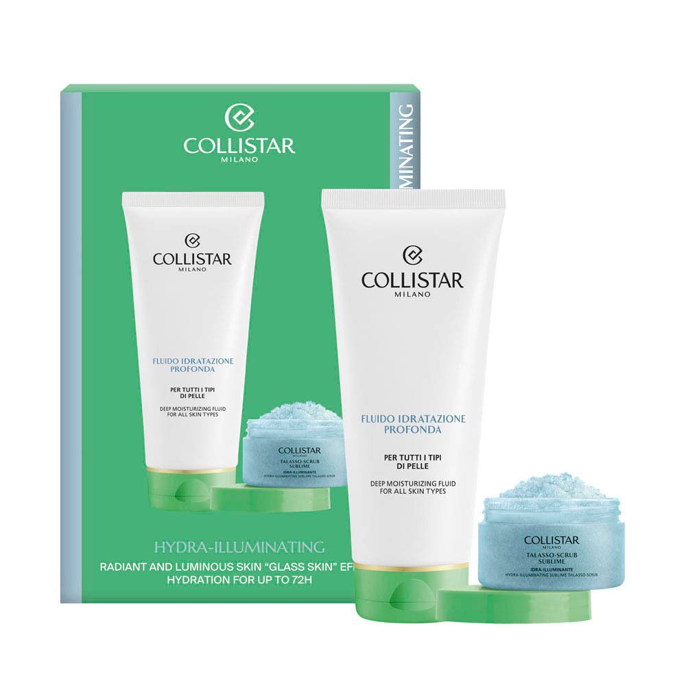 Set Collistar. Deux produits : fluide hydratant et Talasso-Scrub. Tube blanc et pot bleu sur socle vert.