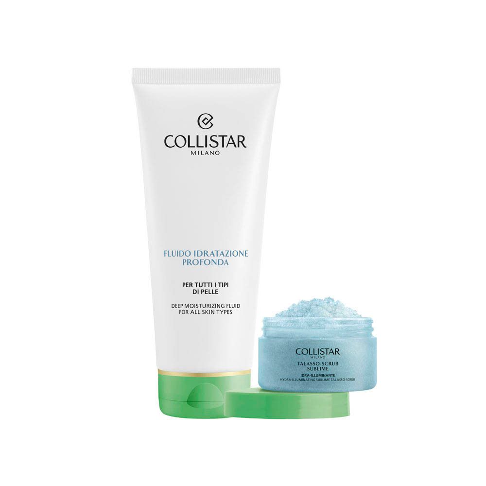 Set Collistar. Deux produits : fluide hydratant et Talasso-Scrub. Tube blanc et pot bleu sur socle vert.