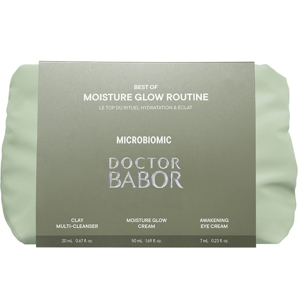 Coffret cosmétique Babor : pochette avec 3 produits. "Clay Multi-Cleanser", "Moisture Glow Cream", "Awakening Eye Cream".