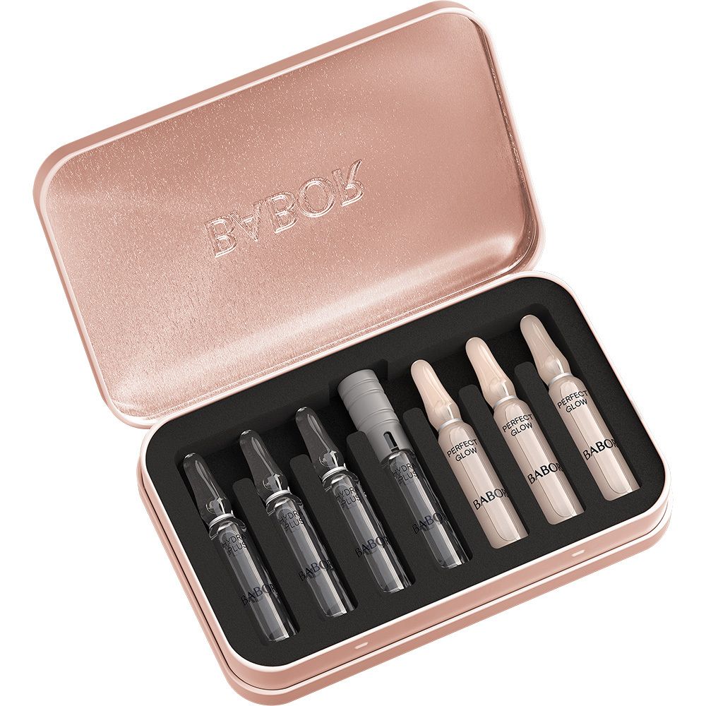 Coffret Babor Hydra Glow de 7 ampoules, présenté dans une boîte bleue avec motif floral.