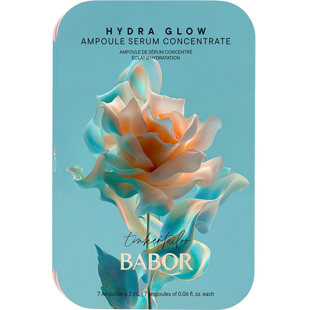 Ampoules Babor Hydra Glow dans une boîte métallique ouverte couleur or rose, avec 6 ampoules et un applicateur.