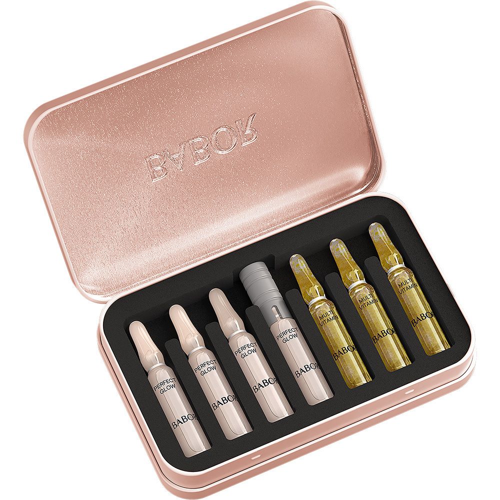 Emballage Babor Vitamin Glow Ampoule Sérum Concentré avec motif floral.