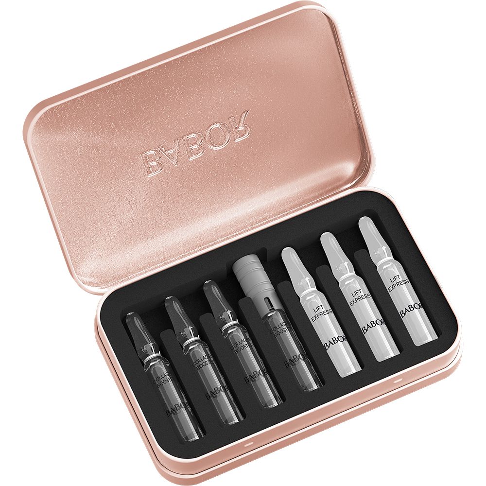 Boîte métallique Babor ouverte avec 6 ampoules Lifting Boost et un applicateur.