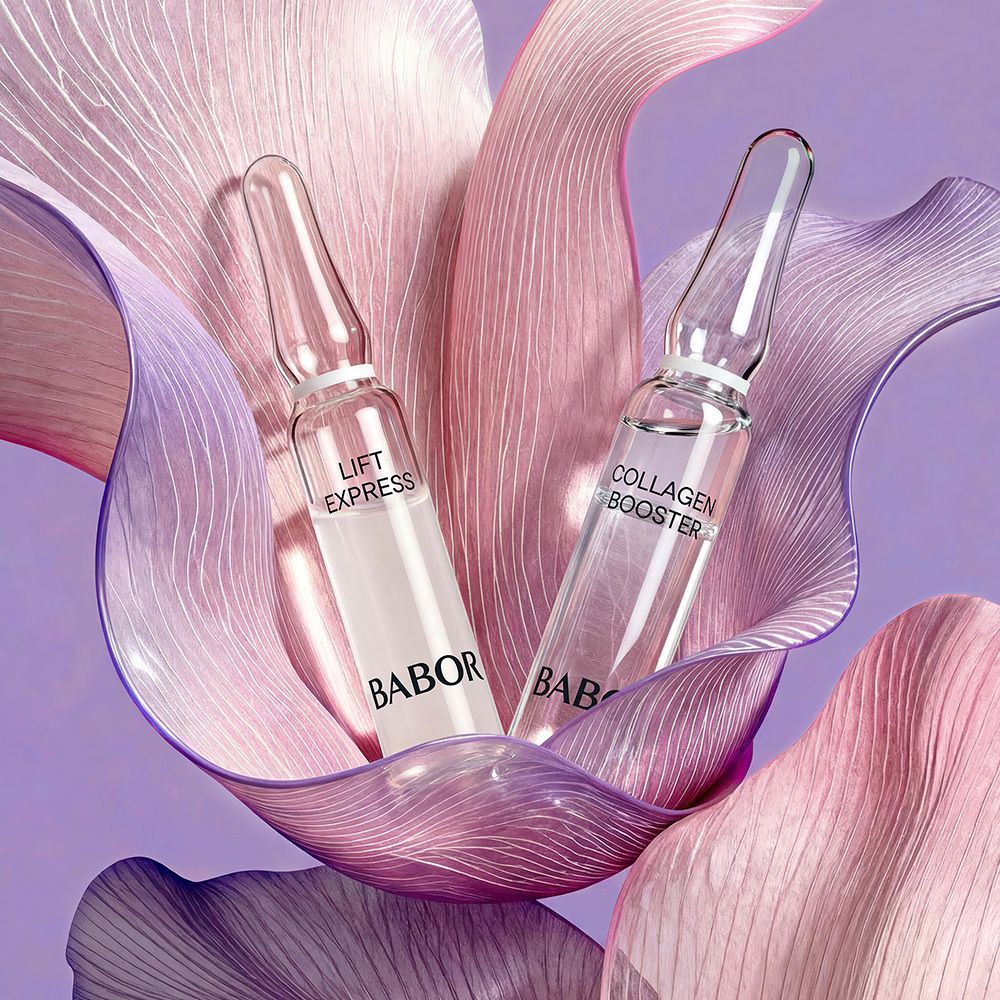 Deux ampoules Babor, 'Lift Express' et 'Collagen Booster', dans une fleur stylisée.