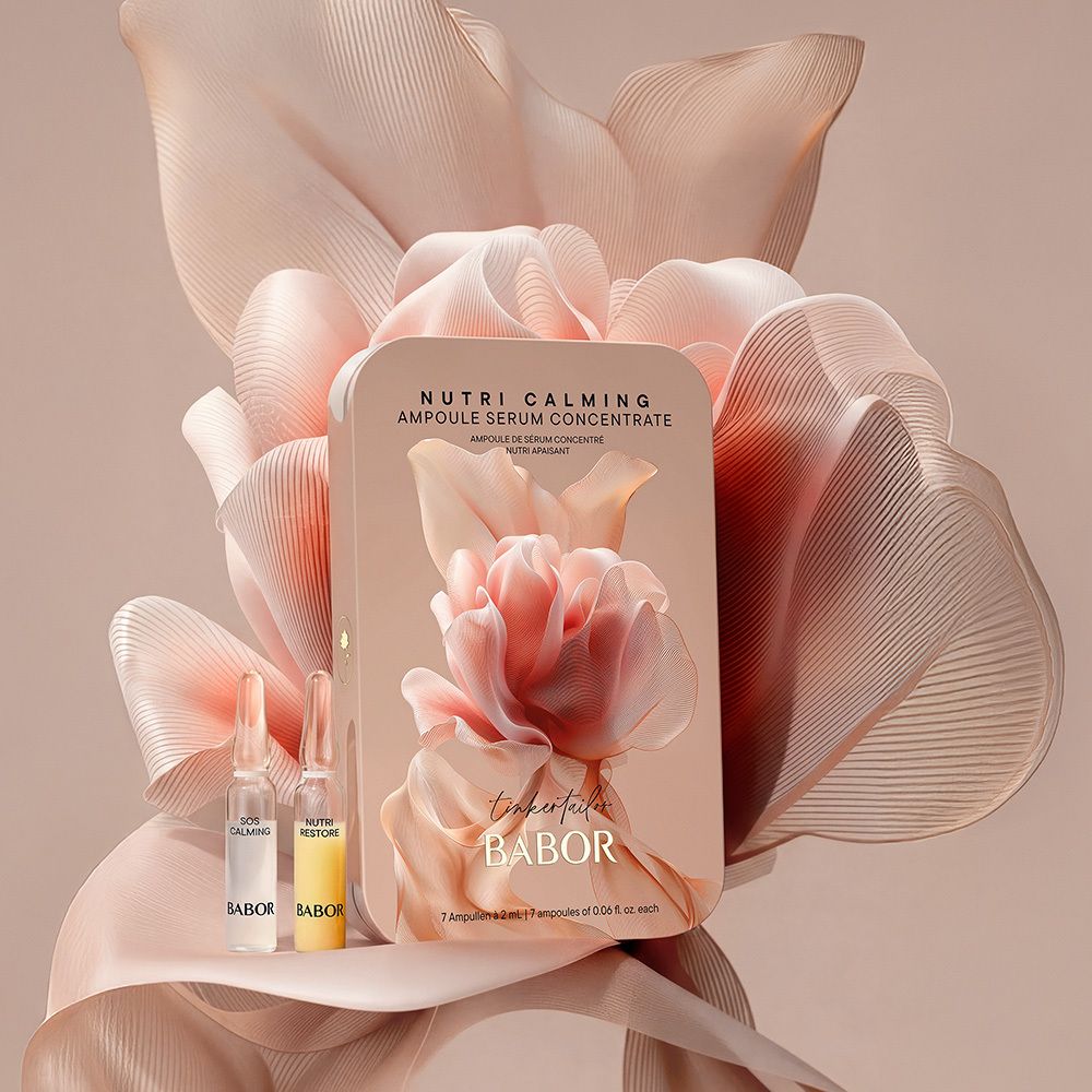 Babor Nutri Calming Ampoule Serum Concentrate avec une délicate illustration florale.
