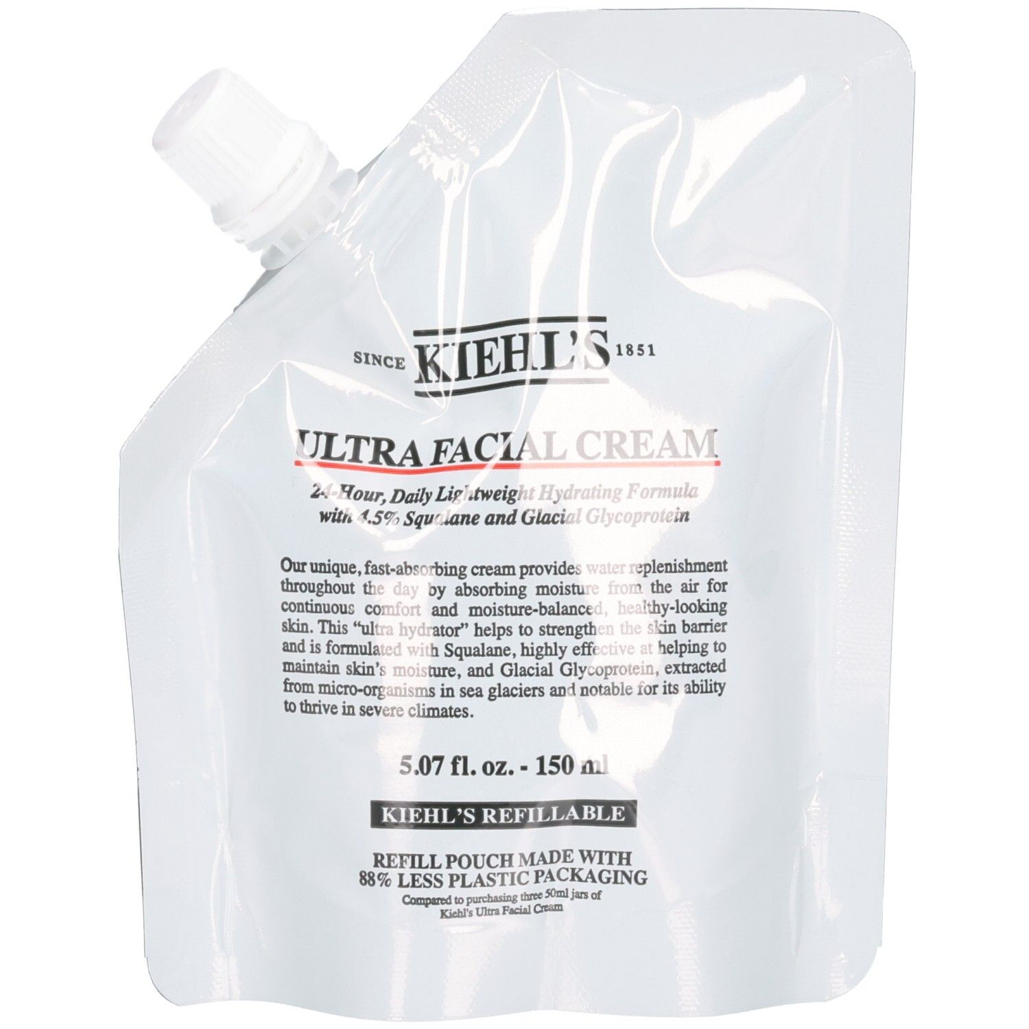 Pochette de recharge Kiehl's Ultra Facial Cream, 150 ml. Emballage transparent avec bec verseur blanc.