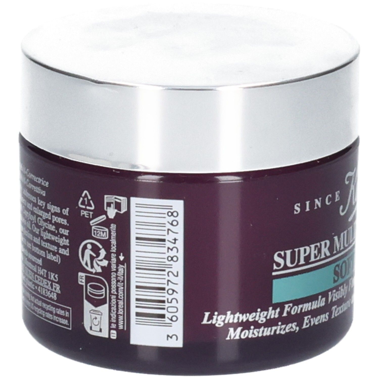 Pot violet foncé avec couvercle argenté. Étiquette 'Kiehl's Super Multi-Corrective Cream'.
