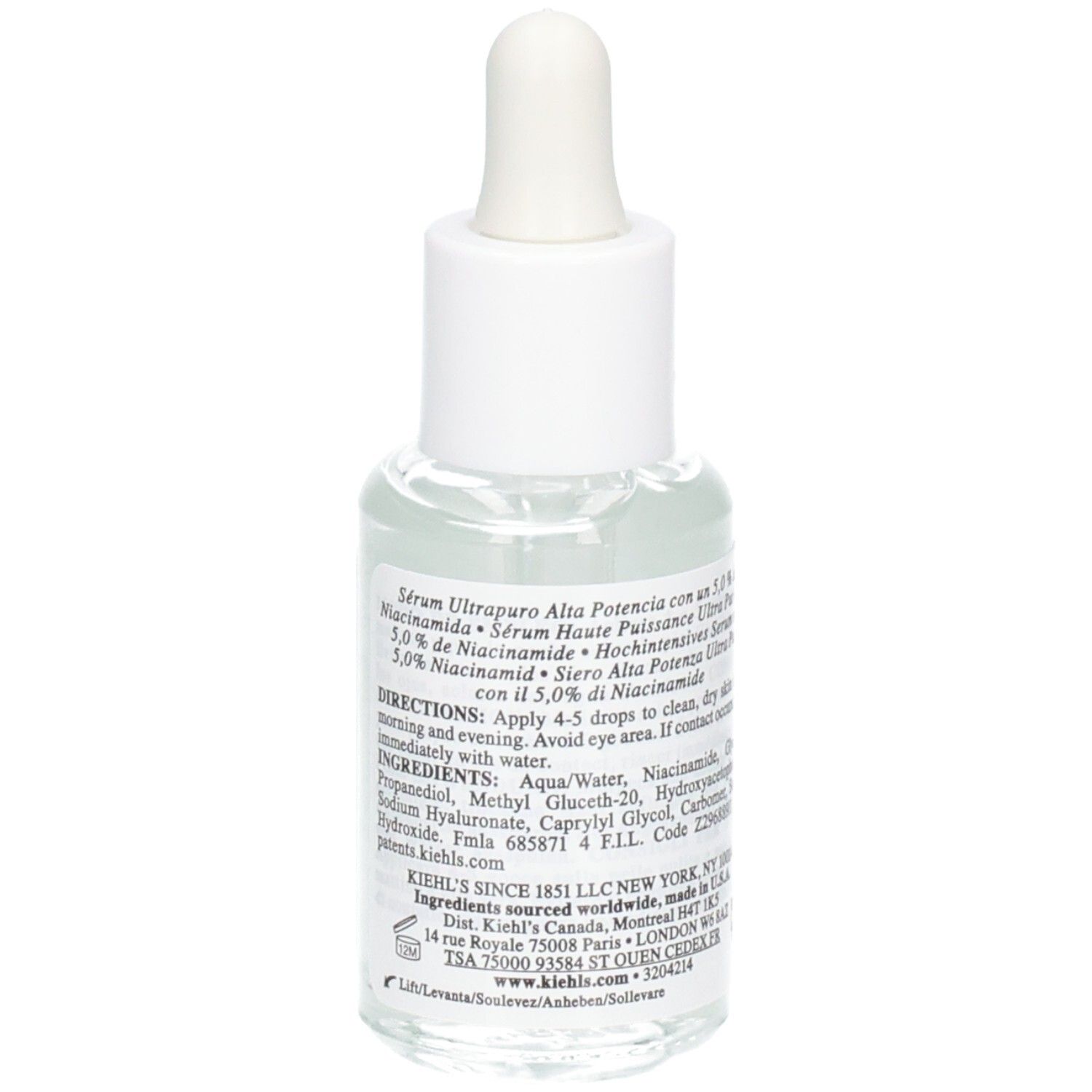 Dos de la bouteille de Sérum Ultra Pure High-Potency Kiehl's avec instructions.