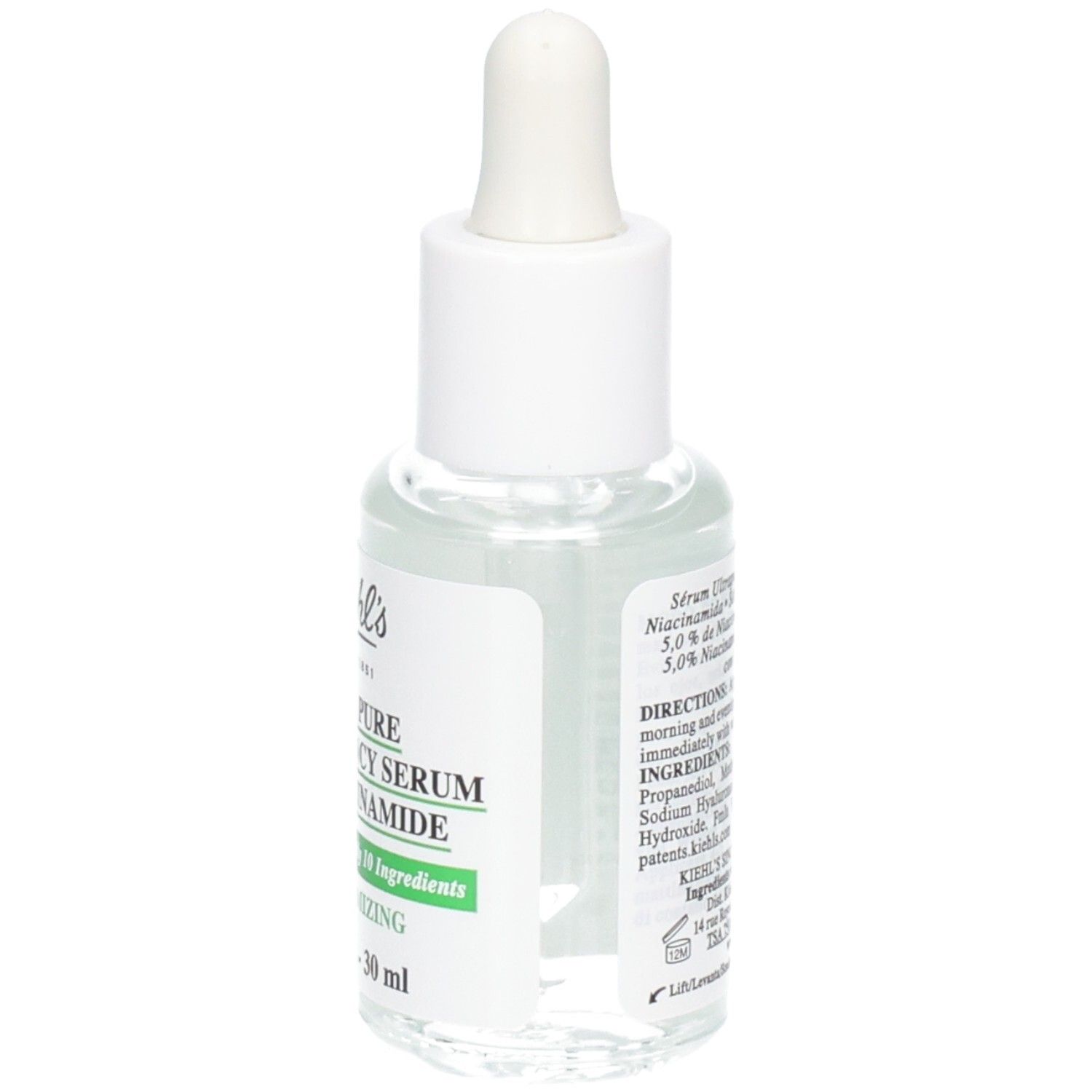 Bouteille de Sérum Ultra Pure High-Potency Kiehl's avec 5.0% Niacinamide, vue latérale.