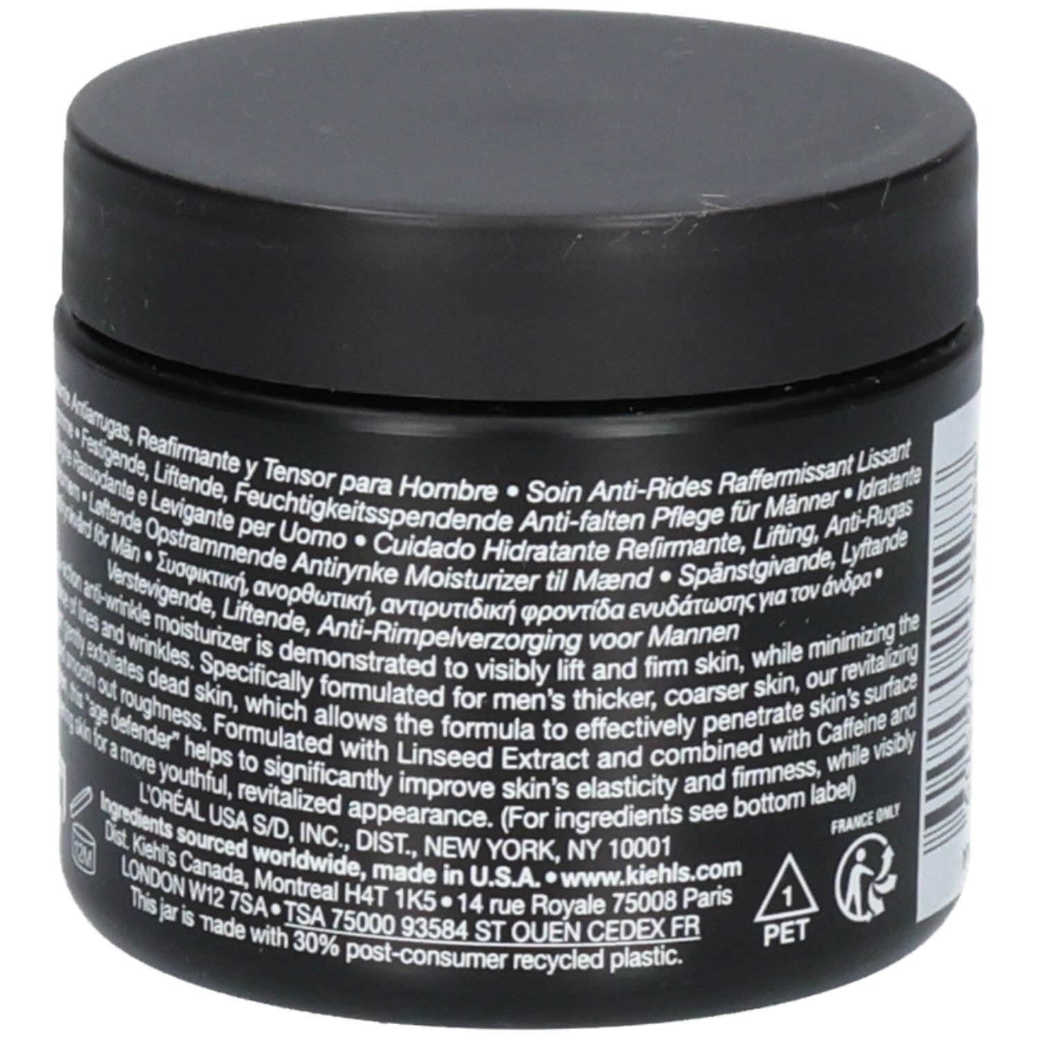 Kiehl's Age Defender Cream Moisturizer pour homme, côté avec informations produit multilingues.