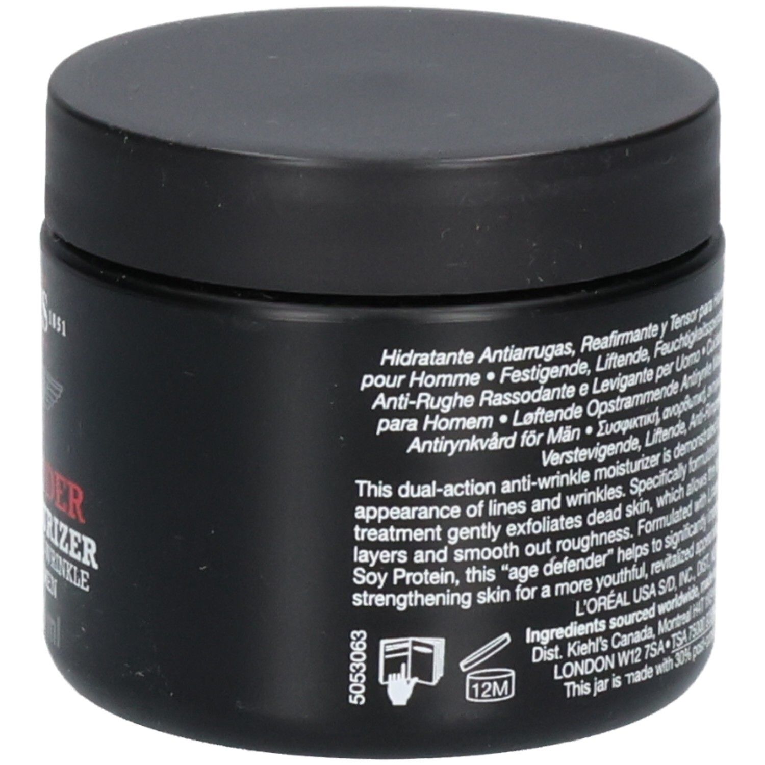 Kiehl's Age Defender Cream Moisturizer pour homme, côté avec informations produit et date de péremption.