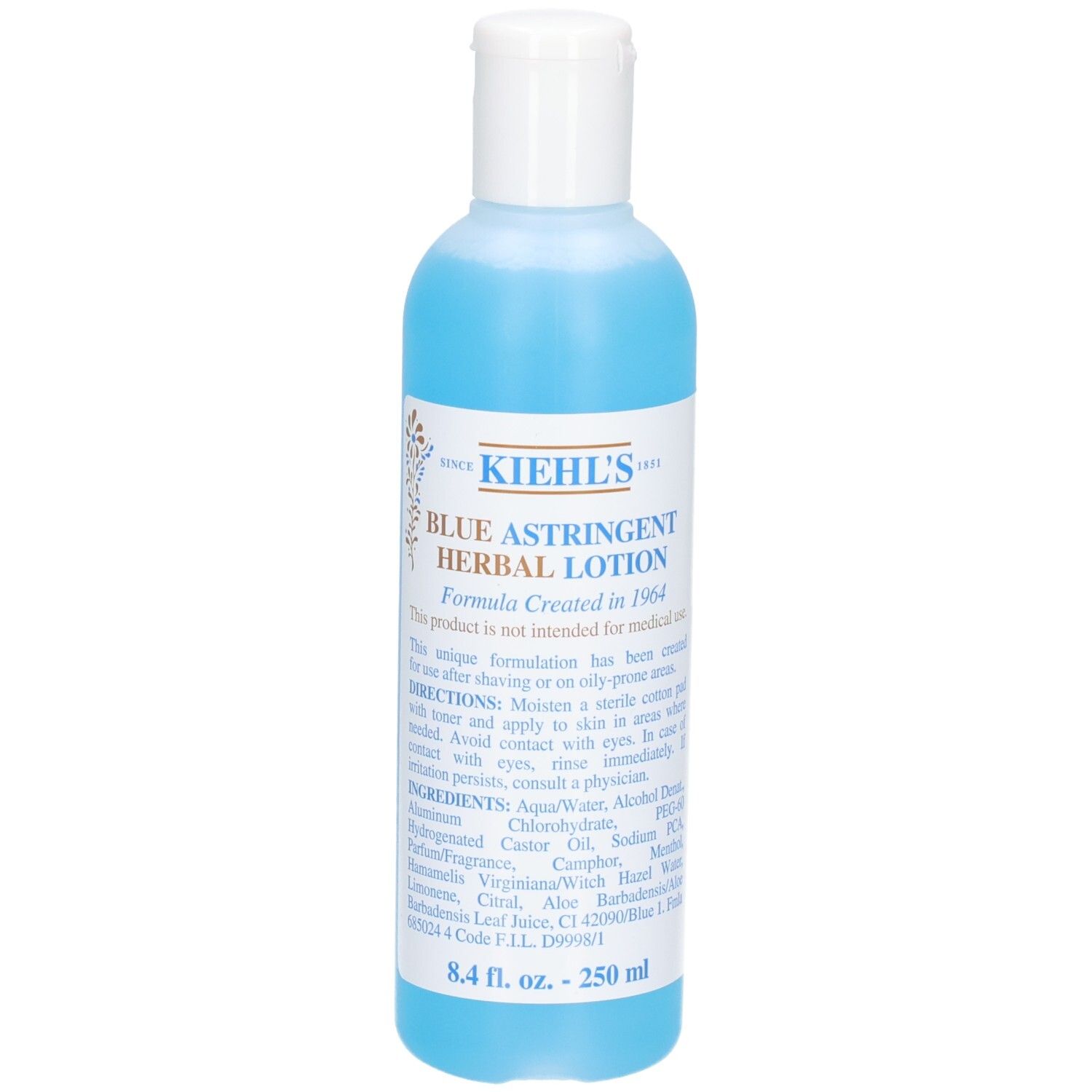 Bouteille de Lotion Tonique Astringente Bleue Kiehl's avec bouchon blanc. Liquide bleu visible.