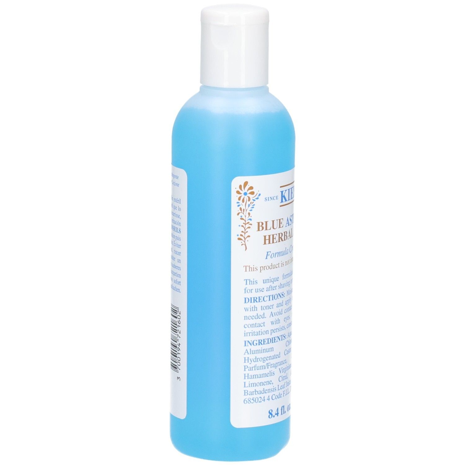 Vue latérale de la bouteille de Lotion Tonique Astringente Bleue Kiehl's. Liquide bleu et étiquette visibles.
