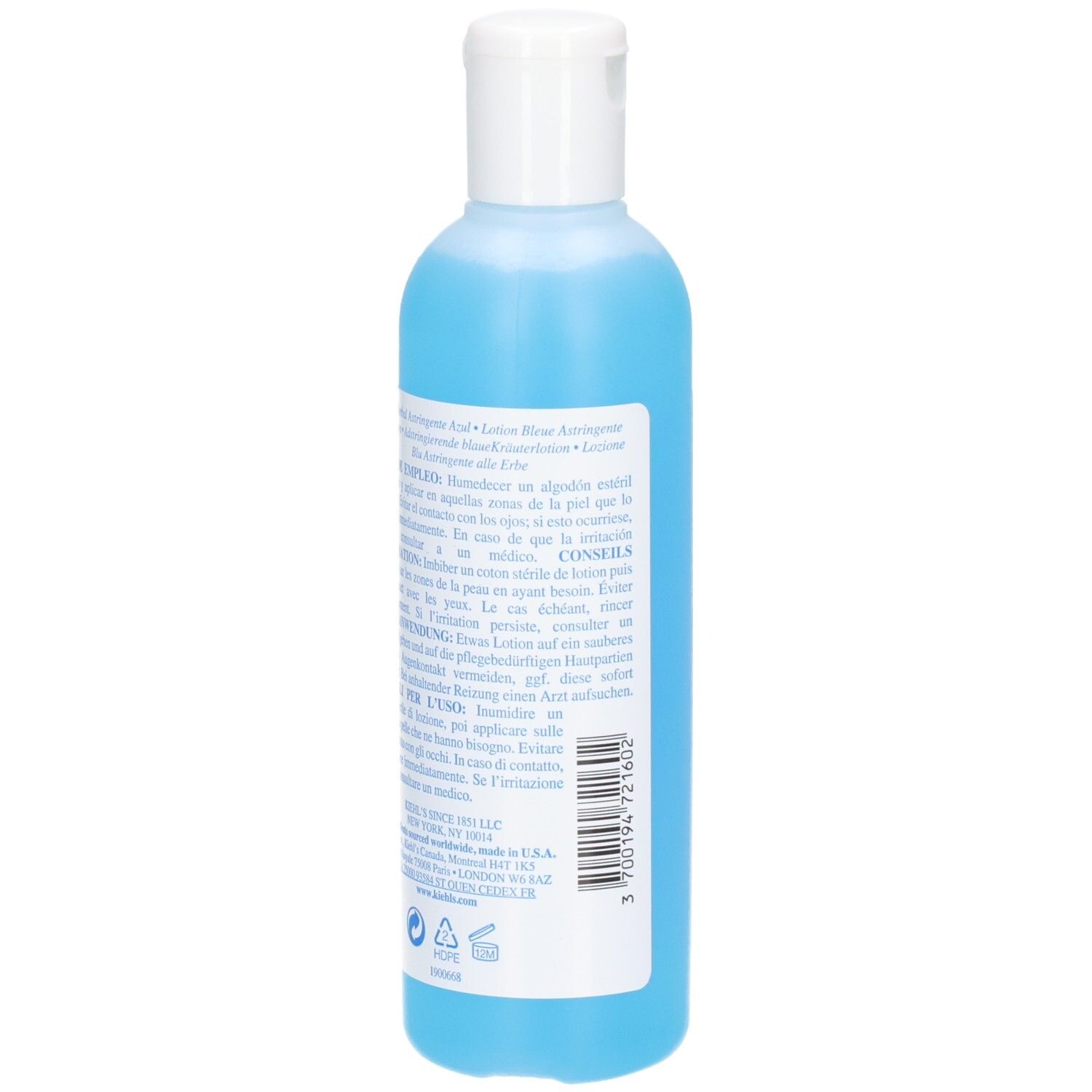 Vue arrière de la bouteille de Lotion Tonique Astringente Bleue Kiehl's avec étiquette et code-barres.