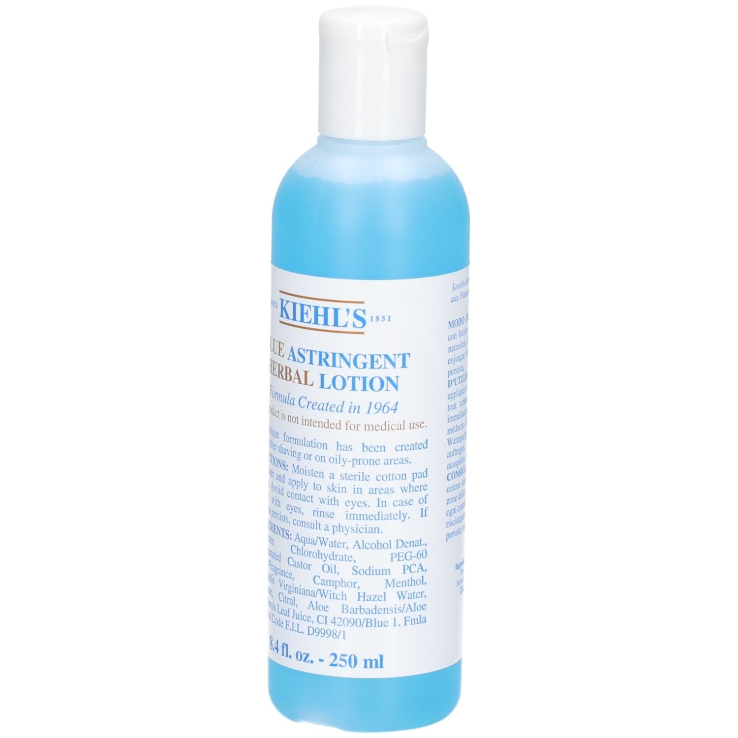 Vue avant de la bouteille de Lotion Tonique Astringente Bleue Kiehl's. Étiquette avec informations produit visible.