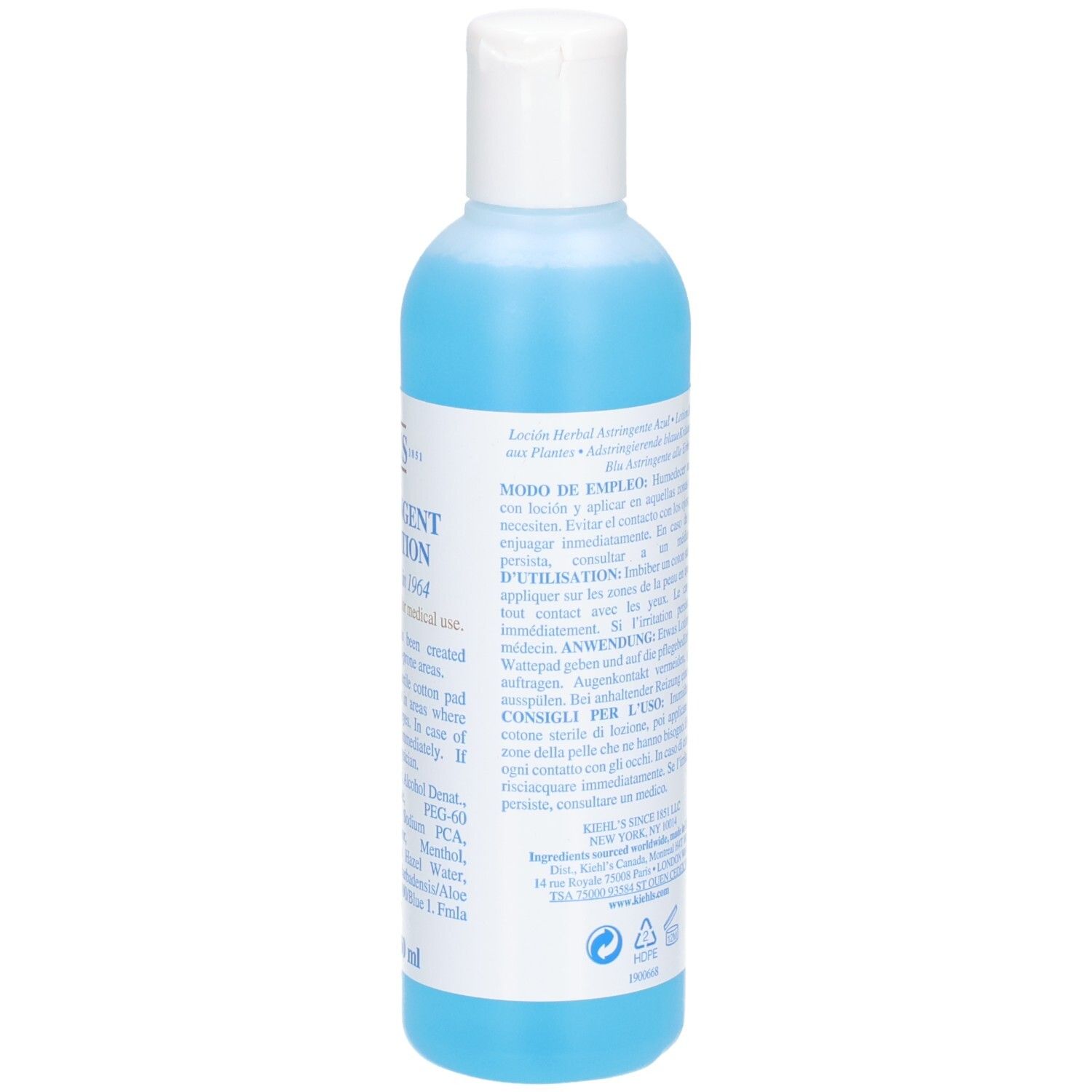 Vue en biais de la bouteille de Lotion Tonique Astringente Bleue Kiehl's. Liquide bleu et étiquette visibles.